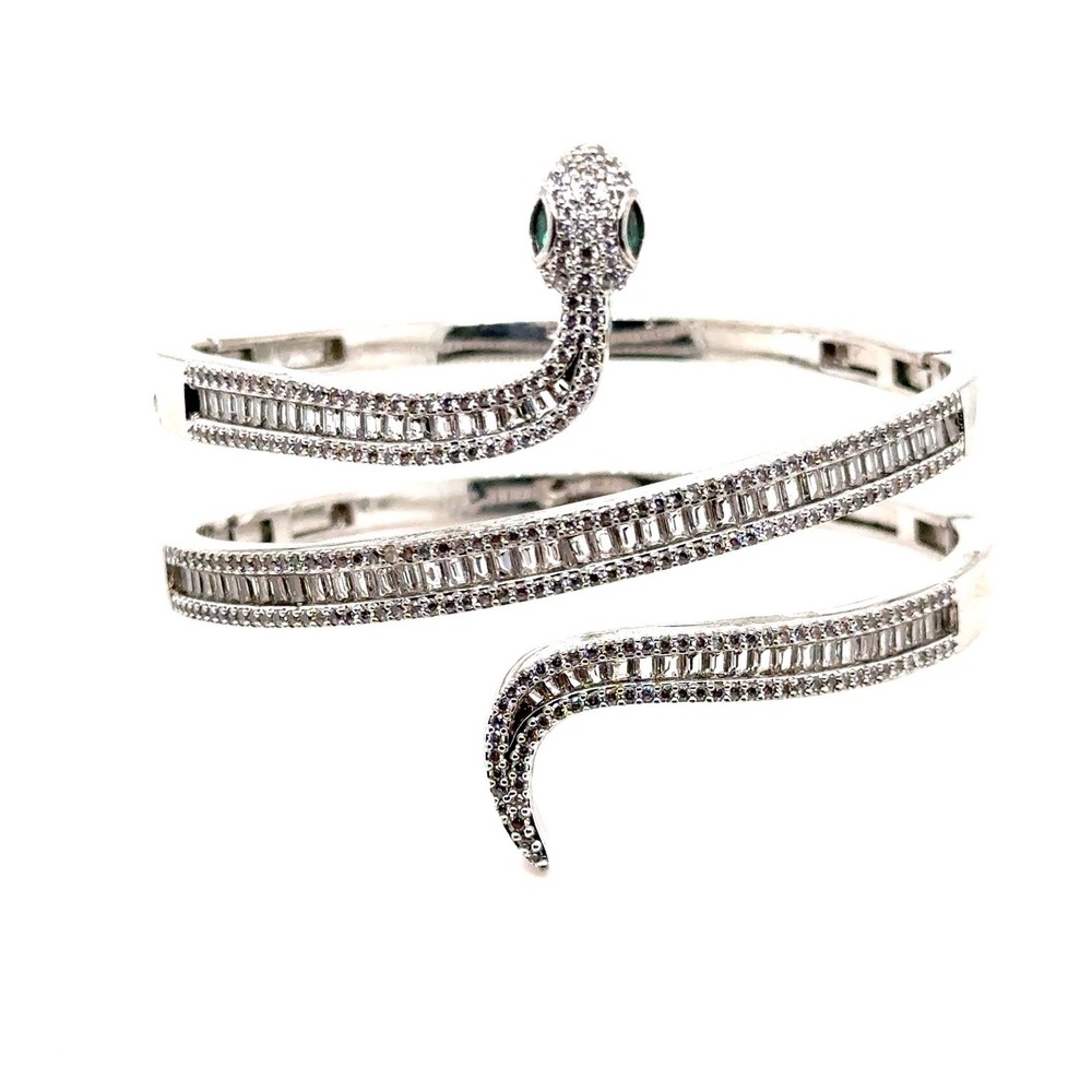 Silver Tone Snake Wrap Bangle Bracelet Green Eyes Baguette Crystal Bypass Coiled